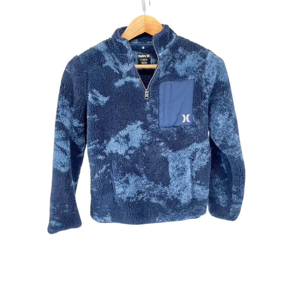 Hurley Boys Sherpa 1/4 Zip Pullover Blue Camo Kangaroo Pockets Size L 10/12 Warm